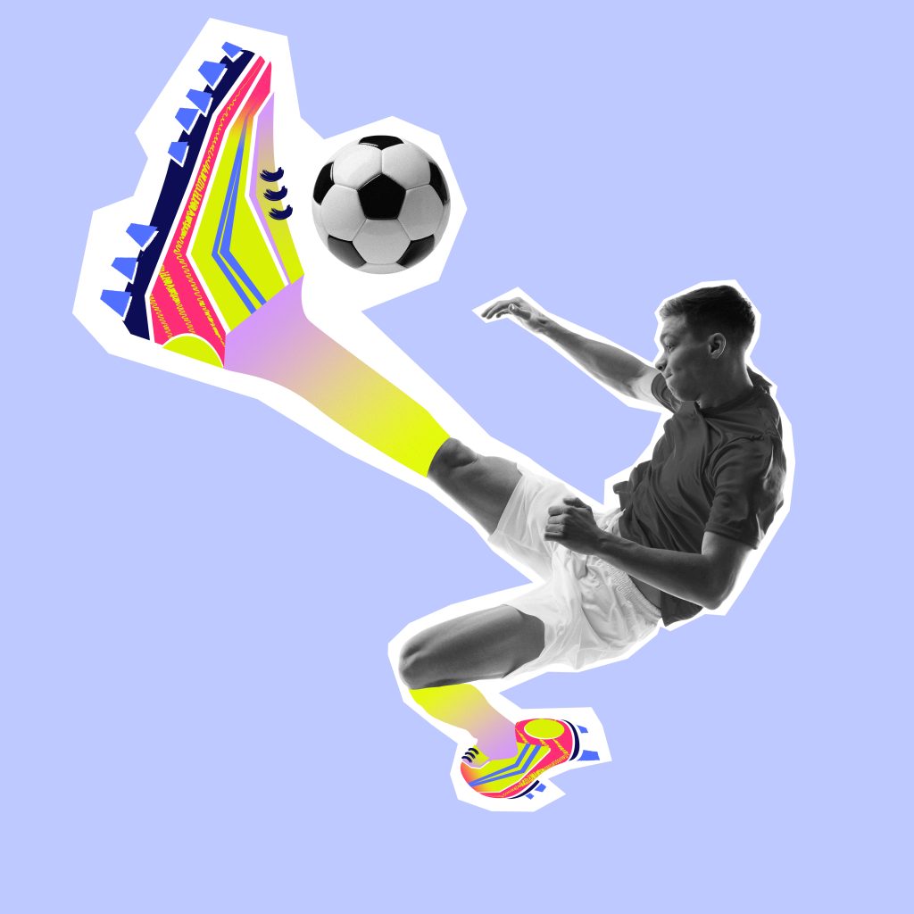 poster. contemporary collage. flying ball strike. athlete performs midair strike wearing vivid shoes and gradient socks on soft blue background.